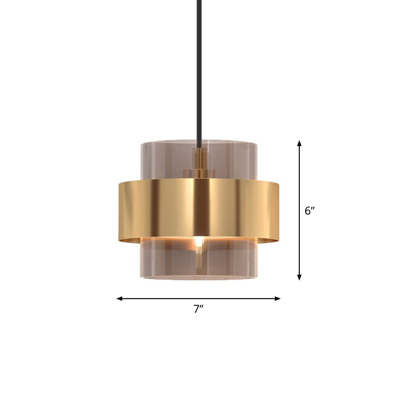 Cognac Glass Cylindrical Pendant Light Fixture Nordic 1 Head Hanging Lamp with Gold Ring Guard Clearhalo 'Ceiling Lights' 'Modern Pendants' 'Modern' 'Pendant Lights' 'Pendants' Lighting' 2353909