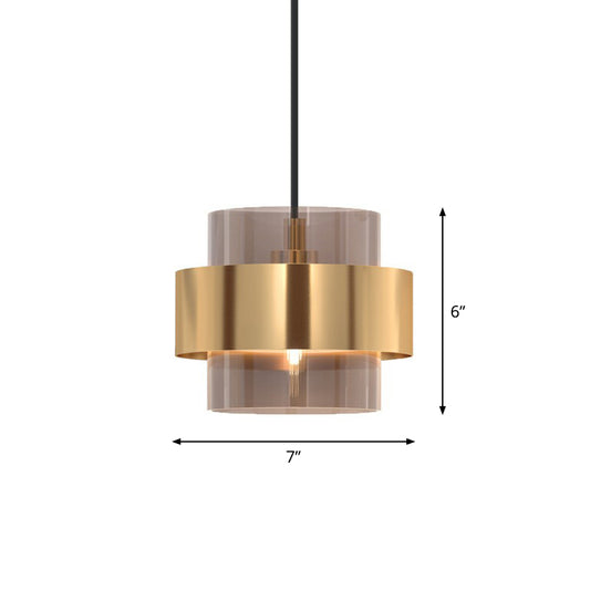 Cognac Glass Cylindrical Pendant Light Fixture Nordic 1 Head Hanging Lamp with Gold Ring Guard Clearhalo 'Ceiling Lights' 'Modern Pendants' 'Modern' 'Pendant Lights' 'Pendants' Lighting' 2353909