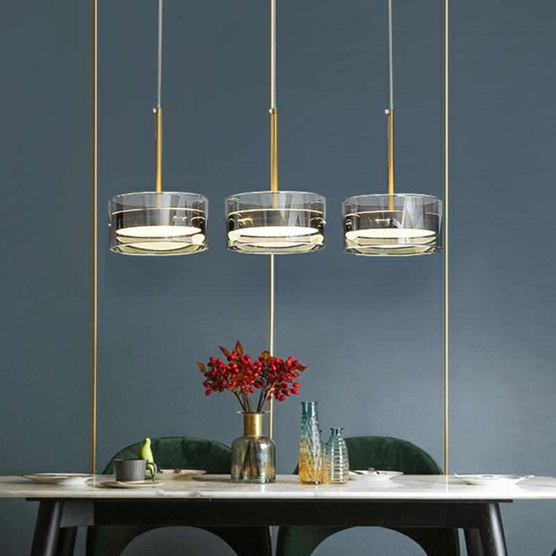 Gold Drum Shaped LED Hanging Ceiling Light Postmodern 3 Heads Glass Pendant Lighting Fixture Clearhalo 'Ceiling Lights' 'Modern Pendants' 'Modern' 'Pendant Lights' 'Pendants' Lighting' 2353929