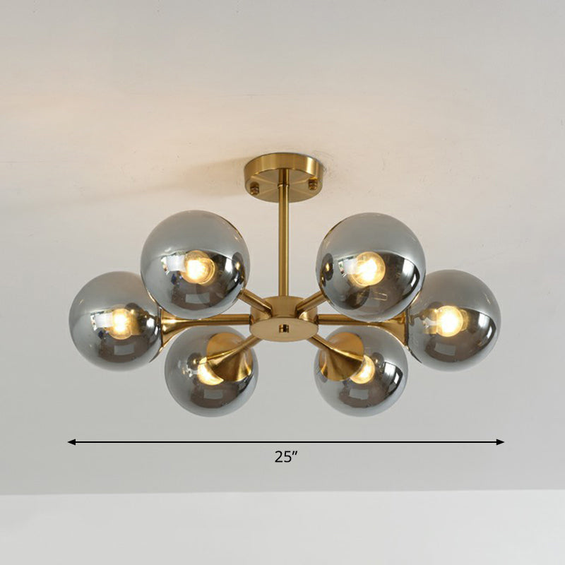 Glass Sphere Chandelier Lighting Postmodern Brass Finish Hanging Light Fixture for Bedroom 6 Smoke Gray Clearhalo 'Ceiling Lights' 'Chandeliers' 'Modern Chandeliers' 'Modern' Lighting' 2354084