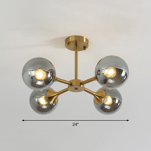 Glass Sphere Chandelier Lighting Postmodern Brass Finish Hanging Light Fixture for Bedroom 4 Smoke Gray Clearhalo 'Ceiling Lights' 'Chandeliers' 'Modern Chandeliers' 'Modern' Lighting' 2354087
