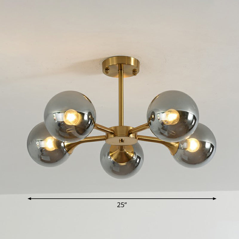 Glass Sphere Chandelier Lighting Postmodern Brass Finish Hanging Light Fixture for Bedroom 5 Smoke Gray Clearhalo 'Ceiling Lights' 'Chandeliers' 'Modern Chandeliers' 'Modern' Lighting' 2354090