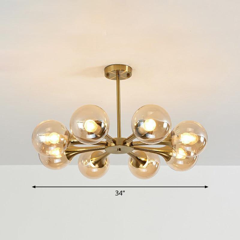 Glass Sphere Chandelier Lighting Postmodern Brass Finish Hanging Light Fixture for Bedroom 8 Amber Clearhalo 'Ceiling Lights' 'Chandeliers' 'Modern Chandeliers' 'Modern' Lighting' 2354091