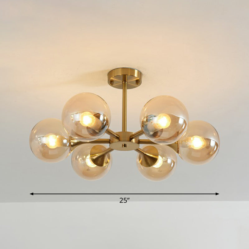Glass Sphere Chandelier Lighting Postmodern Brass Finish Hanging Light Fixture for Bedroom 6 Amber Clearhalo 'Ceiling Lights' 'Chandeliers' 'Modern Chandeliers' 'Modern' Lighting' 2354093
