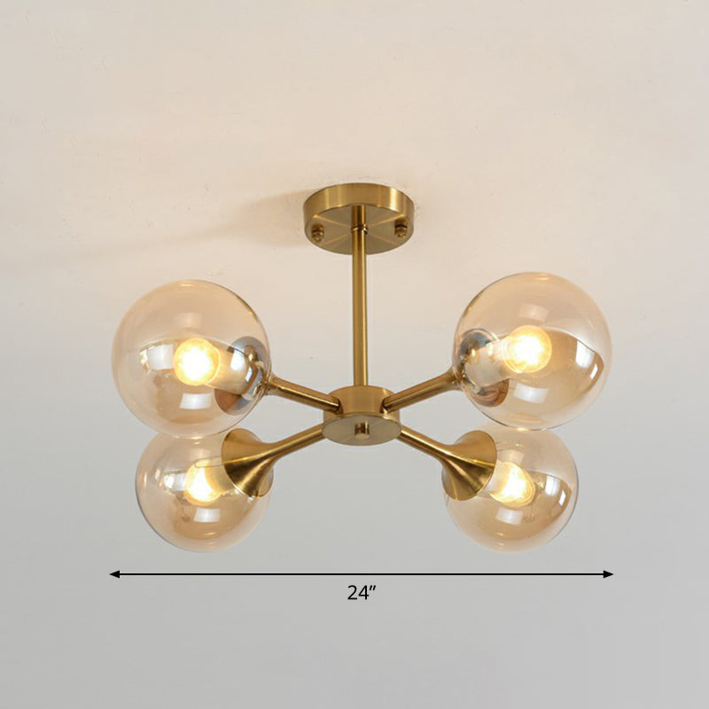 Glass Sphere Chandelier Lighting Postmodern Brass Finish Hanging Light Fixture for Bedroom 4 Amber Clearhalo 'Ceiling Lights' 'Chandeliers' 'Modern Chandeliers' 'Modern' Lighting' 2354094