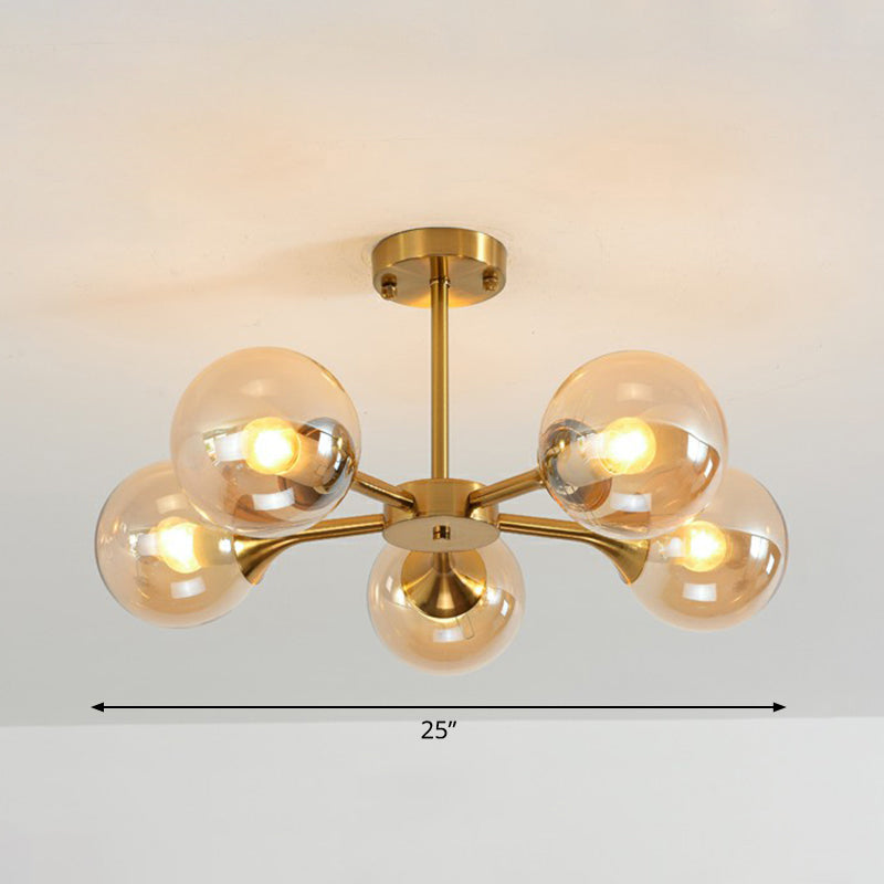 Glass Sphere Chandelier Lighting Postmodern Brass Finish Hanging Light Fixture for Bedroom 5 Amber Clearhalo 'Ceiling Lights' 'Chandeliers' 'Modern Chandeliers' 'Modern' Lighting' 2354095