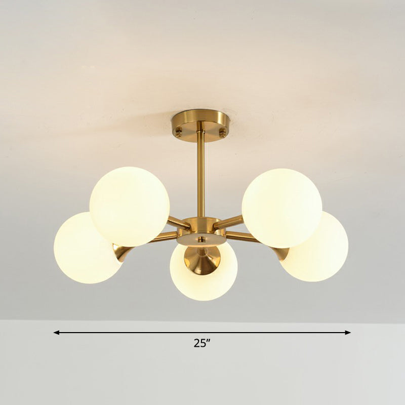 Glass Sphere Chandelier Lighting Postmodern Brass Finish Hanging Light Fixture for Bedroom 5 White Clearhalo 'Ceiling Lights' 'Chandeliers' 'Modern Chandeliers' 'Modern' Lighting' 2354096