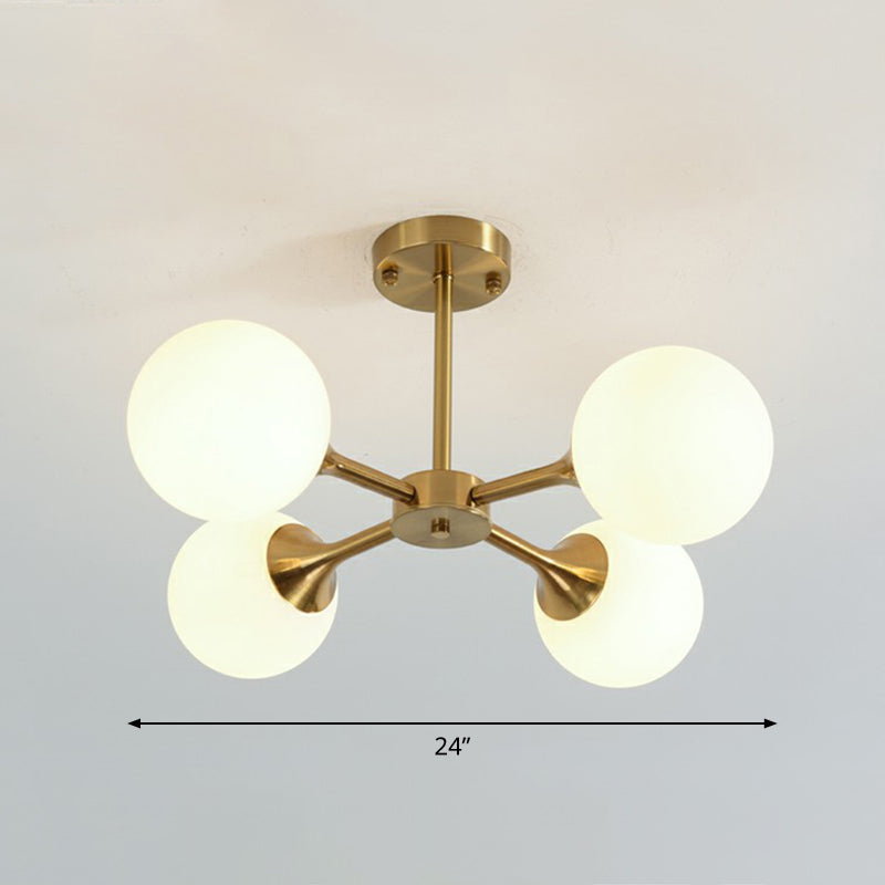 Glass Sphere Chandelier Lighting Postmodern Brass Finish Hanging Light Fixture for Bedroom 4 White Clearhalo 'Ceiling Lights' 'Chandeliers' 'Modern Chandeliers' 'Modern' Lighting' 2354098