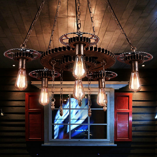 Exposed Bulb Metal Light Chandelier Industrial 6 Light Dining Room Pendant Lighting in Silver/Bronze with Gear Bronze Clearhalo 'Cast Iron' 'Ceiling Lights' 'Chandeliers' 'Industrial Chandeliers' 'Industrial' 'Metal' 'Middle Century Chandeliers' 'Rustic Chandeliers' 'Tiffany' Lighting' 235412