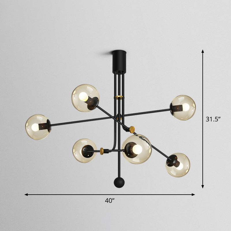 Minimalistic Chandelier Black Vertical Suspension Light with Ball Glass Shade for Restaurant 6 Amber Clearhalo 'Ceiling Lights' 'Chandeliers' 'Modern Chandeliers' 'Modern' Lighting' 2354197