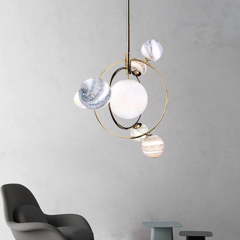 Solar Planet Living Room Chandelier Blue-White Glass 7 Heads Minimalist Ceiling Pendant Light Clearhalo 'Ceiling Lights' 'Chandeliers' 'Modern Chandeliers' 'Modern' Lighting' 2354338