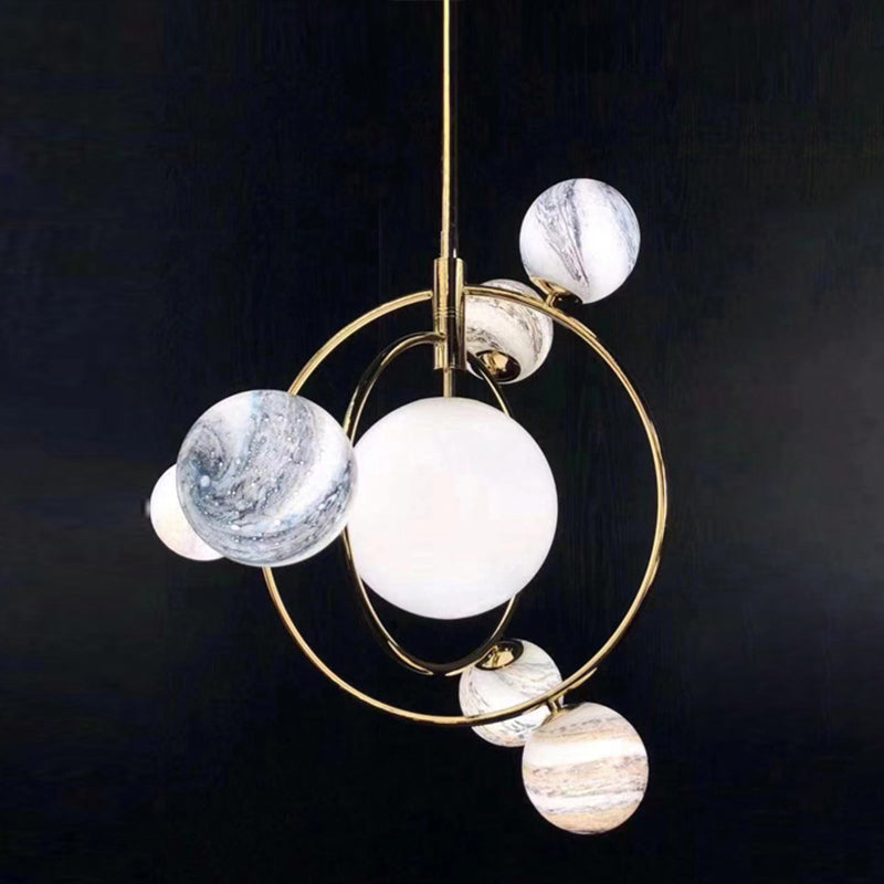 Solar Planet Living Room Chandelier Blue-White Glass 7 Heads Minimalist Ceiling Pendant Light Clearhalo 'Ceiling Lights' 'Chandeliers' 'Modern Chandeliers' 'Modern' Lighting' 2354339