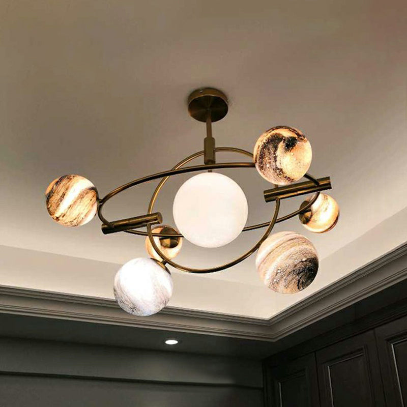 Nordic Planet Chandelier White-Stained Glass Restaurant Hanging Light Fixture in Brass 7 White Clearhalo 'Ceiling Lights' 'Chandeliers' 'Modern Chandeliers' 'Modern' Lighting' 2354343