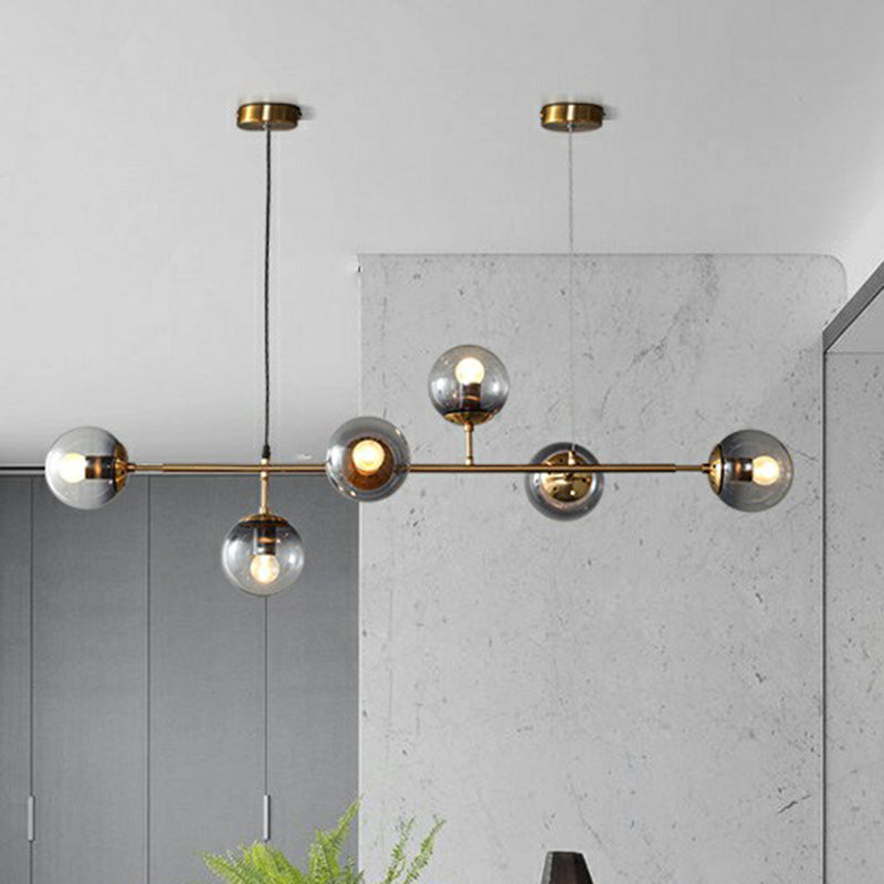 Ball Smoke Grey Glass Island Pendant Light Nordic 6 Bulbs Brass Finish Hanging Light for Restaurant Clearhalo 'Ceiling Lights' 'Island Lights' Lighting' 2354387