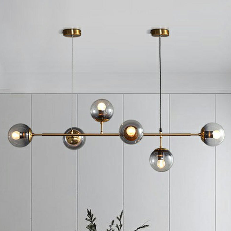 Ball Smoke Grey Glass Island Pendant Light Nordic 6 Bulbs Brass Finish Hanging Light for Restaurant Brass Clearhalo 'Ceiling Lights' 'Island Lights' Lighting' 2354388