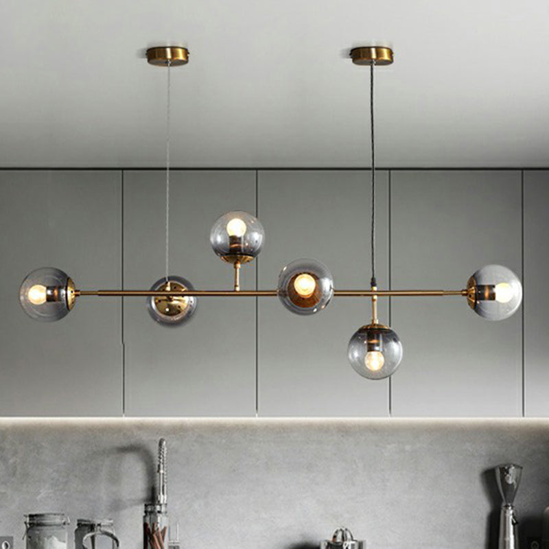 Ball Smoke Grey Glass Island Pendant Light Nordic 6 Bulbs Brass Finish Hanging Light for Restaurant Clearhalo 'Ceiling Lights' 'Island Lights' Lighting' 2354389