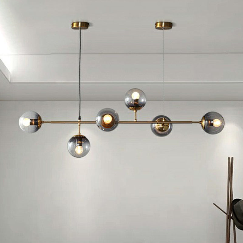 Ball Smoke Grey Glass Island Pendant Light Nordic 6 Bulbs Brass Finish Hanging Light for Restaurant Clearhalo 'Ceiling Lights' 'Island Lights' Lighting' 2354390