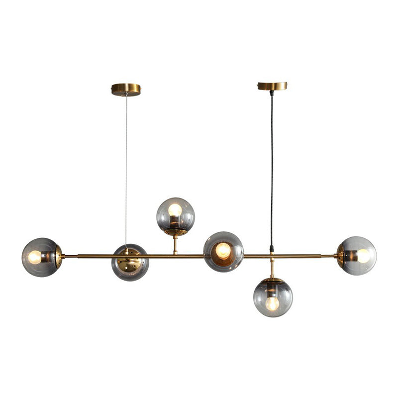 Ball Smoke Grey Glass Island Pendant Light Nordic 6 Bulbs Brass Finish Hanging Light for Restaurant Clearhalo 'Ceiling Lights' 'Island Lights' Lighting' 2354391