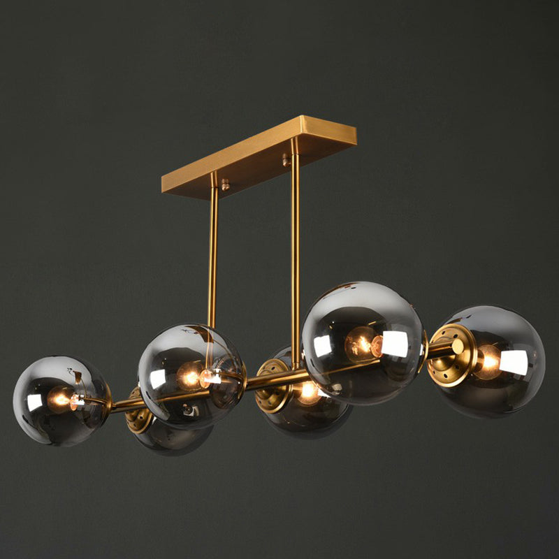 Brass Linear Island Light Fixture Postmodern Metal Ceiling Light with Globe Glass Shade 6 Smoke Gray Clearhalo 'Ceiling Lights' 'Island Lights' Lighting' 2354395