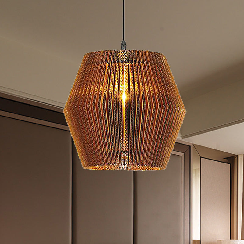 1 Light Hanging Lamp with Cylinder/Oval Shade Corrugated Paper Asian Stylish Restaurant Pendant Light Fixture in Brown Brown Geometric Clearhalo 'Ceiling Lights' 'Modern Pendants' 'Modern' 'Pendant Lights' 'Pendants' Lighting' 235451