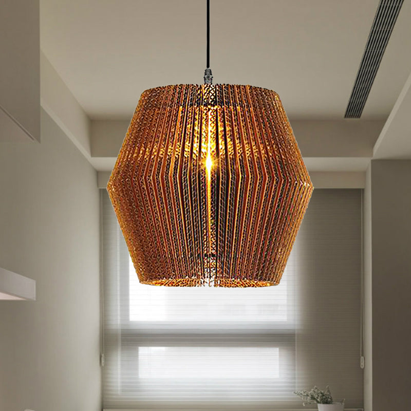 1 Light Hanging Lamp with Cylinder/Oval Shade Corrugated Paper Asian Stylish Restaurant Pendant Light Fixture in Brown Clearhalo 'Ceiling Lights' 'Modern Pendants' 'Modern' 'Pendant Lights' 'Pendants' Lighting' 235452