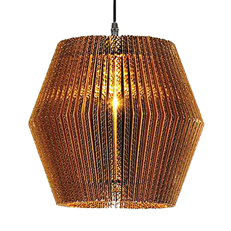 1 Light Hanging Lamp with Cylinder/Oval Shade Corrugated Paper Asian Stylish Restaurant Pendant Light Fixture in Brown Clearhalo 'Ceiling Lights' 'Modern Pendants' 'Modern' 'Pendant Lights' 'Pendants' Lighting' 235453