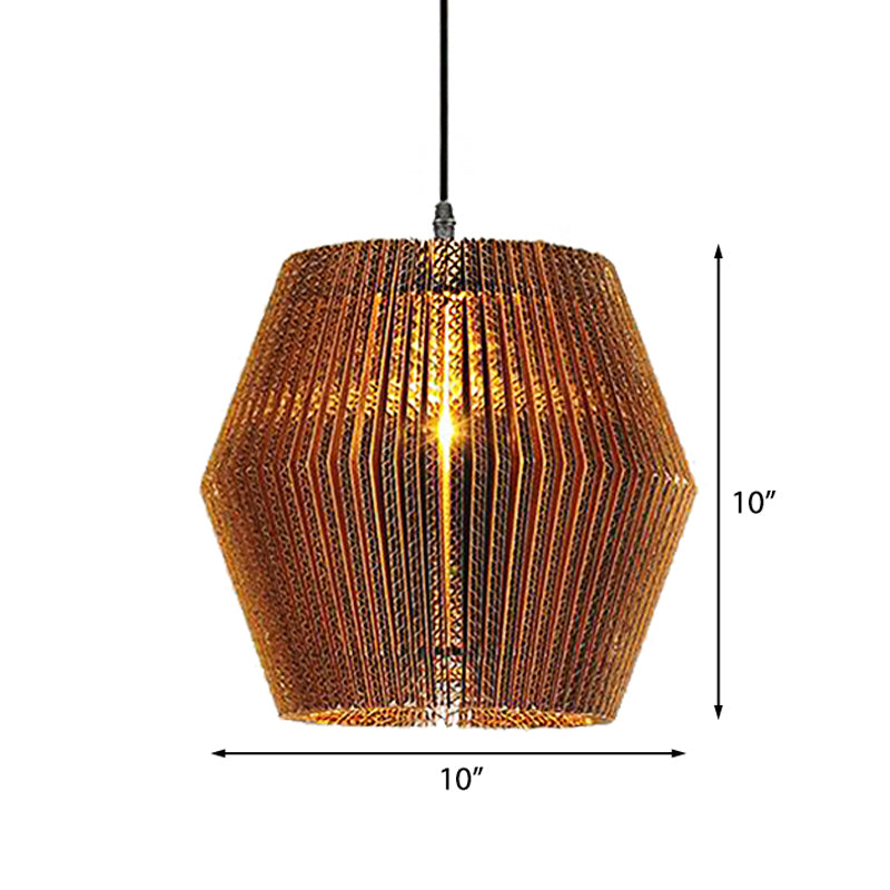 1 Light Hanging Lamp with Cylinder/Oval Shade Corrugated Paper Asian Stylish Restaurant Pendant Light Fixture in Brown Clearhalo 'Ceiling Lights' 'Modern Pendants' 'Modern' 'Pendant Lights' 'Pendants' Lighting' 235454