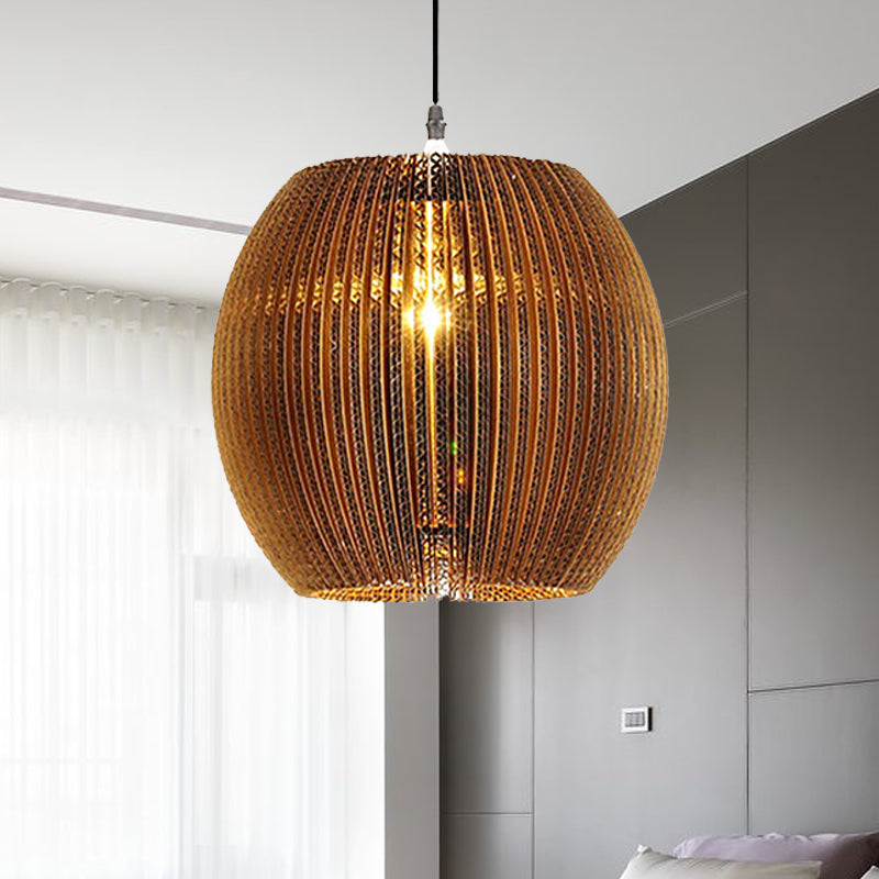 1 Light Hanging Lamp with Cylinder/Oval Shade Corrugated Paper Asian Stylish Restaurant Pendant Light Fixture in Brown Brown Oval Clearhalo 'Ceiling Lights' 'Modern Pendants' 'Modern' 'Pendant Lights' 'Pendants' Lighting' 235455