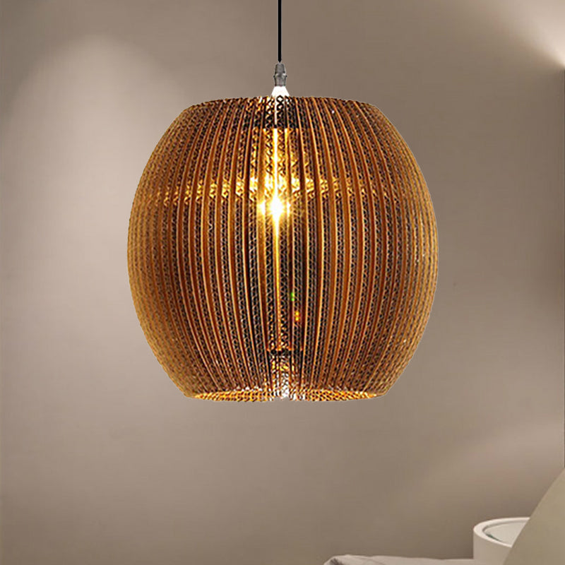 1 Light Hanging Lamp with Cylinder/Oval Shade Corrugated Paper Asian Stylish Restaurant Pendant Light Fixture in Brown Clearhalo 'Ceiling Lights' 'Modern Pendants' 'Modern' 'Pendant Lights' 'Pendants' Lighting' 235456