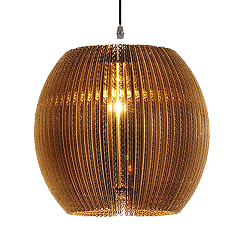 1 Light Hanging Lamp with Cylinder/Oval Shade Corrugated Paper Asian Stylish Restaurant Pendant Light Fixture in Brown Clearhalo 'Ceiling Lights' 'Modern Pendants' 'Modern' 'Pendant Lights' 'Pendants' Lighting' 235457