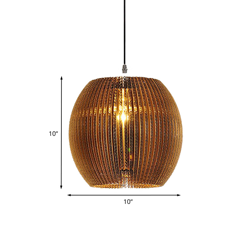 1 Light Hanging Lamp with Cylinder/Oval Shade Corrugated Paper Asian Stylish Restaurant Pendant Light Fixture in Brown Clearhalo 'Ceiling Lights' 'Modern Pendants' 'Modern' 'Pendant Lights' 'Pendants' Lighting' 235458