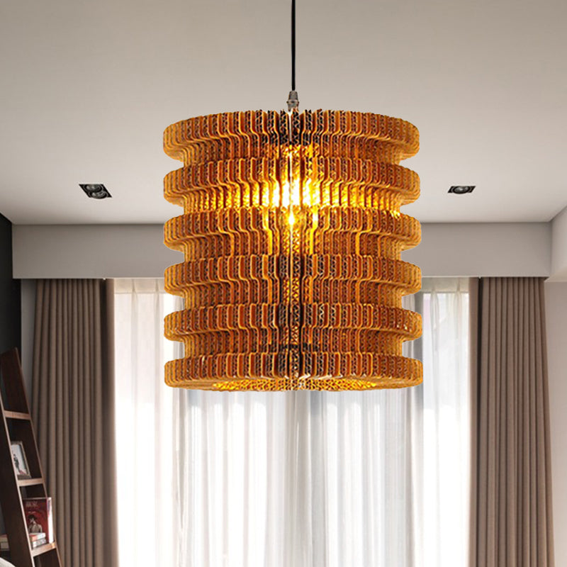 1 Light Hanging Lamp with Cylinder/Oval Shade Corrugated Paper Asian Stylish Restaurant Pendant Light Fixture in Brown Brown Cylinder Clearhalo 'Ceiling Lights' 'Modern Pendants' 'Modern' 'Pendant Lights' 'Pendants' Lighting' 235459