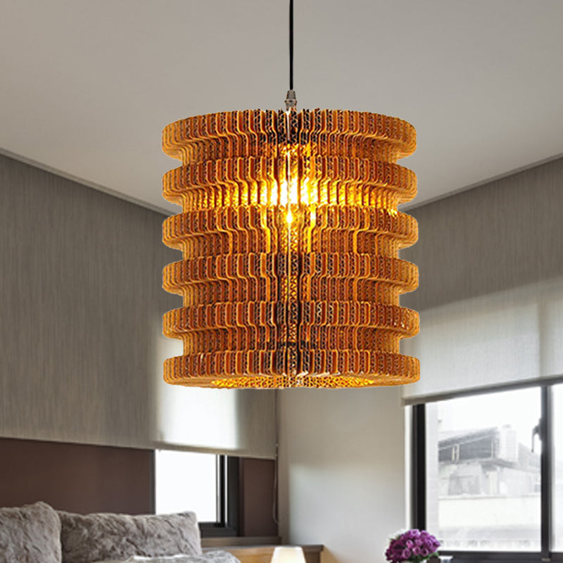 1 Light Hanging Lamp with Cylinder/Oval Shade Corrugated Paper Asian Stylish Restaurant Pendant Light Fixture in Brown Clearhalo 'Ceiling Lights' 'Modern Pendants' 'Modern' 'Pendant Lights' 'Pendants' Lighting' 235460