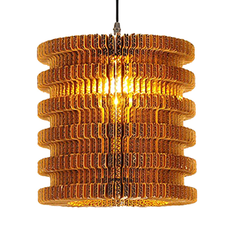 1 Light Hanging Lamp with Cylinder/Oval Shade Corrugated Paper Asian Stylish Restaurant Pendant Light Fixture in Brown Clearhalo 'Ceiling Lights' 'Modern Pendants' 'Modern' 'Pendant Lights' 'Pendants' Lighting' 235461