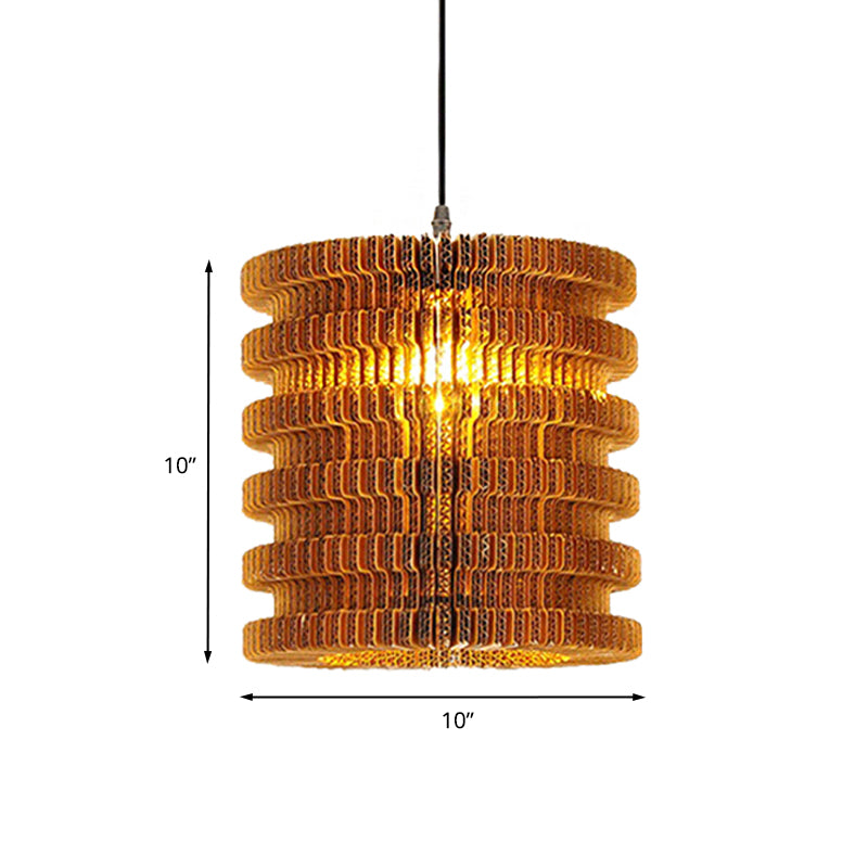 1 Light Hanging Lamp with Cylinder/Oval Shade Corrugated Paper Asian Stylish Restaurant Pendant Light Fixture in Brown Clearhalo 'Ceiling Lights' 'Modern Pendants' 'Modern' 'Pendant Lights' 'Pendants' Lighting' 235462