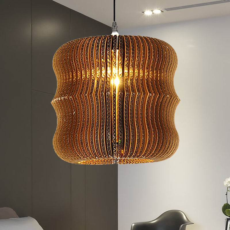 1 Light Hanging Lamp with Cylinder/Oval Shade Corrugated Paper Asian Stylish Restaurant Pendant Light Fixture in Brown Brown Lantern Clearhalo 'Ceiling Lights' 'Modern Pendants' 'Modern' 'Pendant Lights' 'Pendants' Lighting' 235463