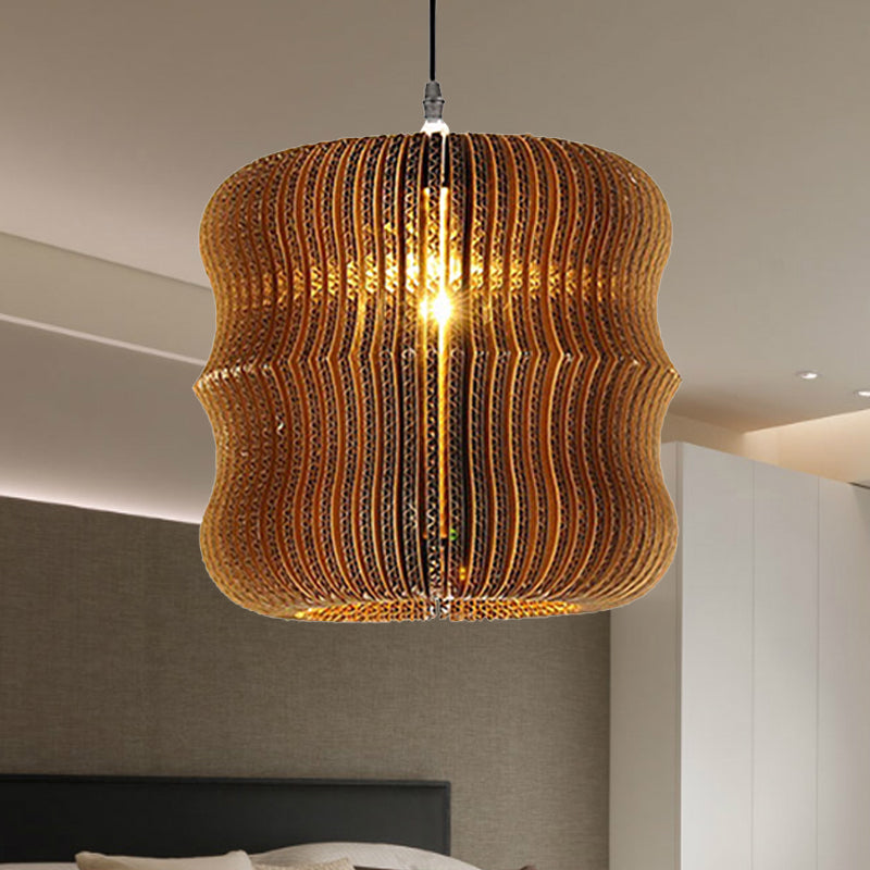 1 Light Hanging Lamp with Cylinder/Oval Shade Corrugated Paper Asian Stylish Restaurant Pendant Light Fixture in Brown Clearhalo 'Ceiling Lights' 'Modern Pendants' 'Modern' 'Pendant Lights' 'Pendants' Lighting' 235464