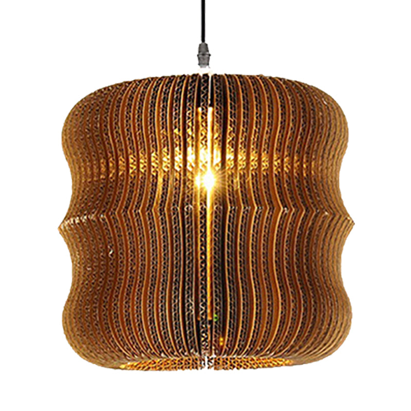 1 Light Hanging Lamp with Cylinder/Oval Shade Corrugated Paper Asian Stylish Restaurant Pendant Light Fixture in Brown Clearhalo 'Ceiling Lights' 'Modern Pendants' 'Modern' 'Pendant Lights' 'Pendants' Lighting' 235465