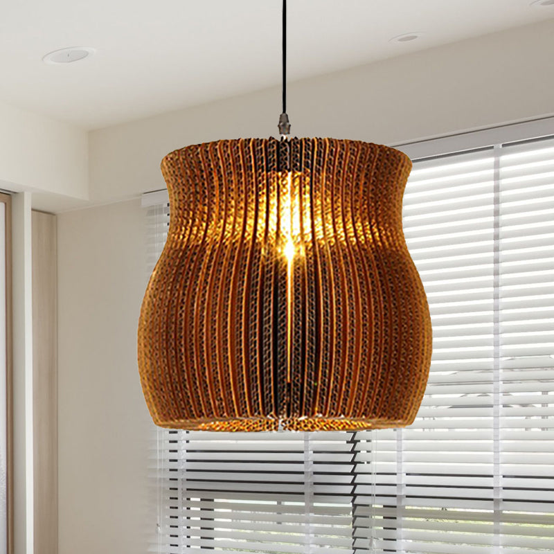 1 Light Hanging Lamp with Cylinder/Oval Shade Corrugated Paper Asian Stylish Restaurant Pendant Light Fixture in Brown Brown Vase Clearhalo 'Ceiling Lights' 'Modern Pendants' 'Modern' 'Pendant Lights' 'Pendants' Lighting' 235467