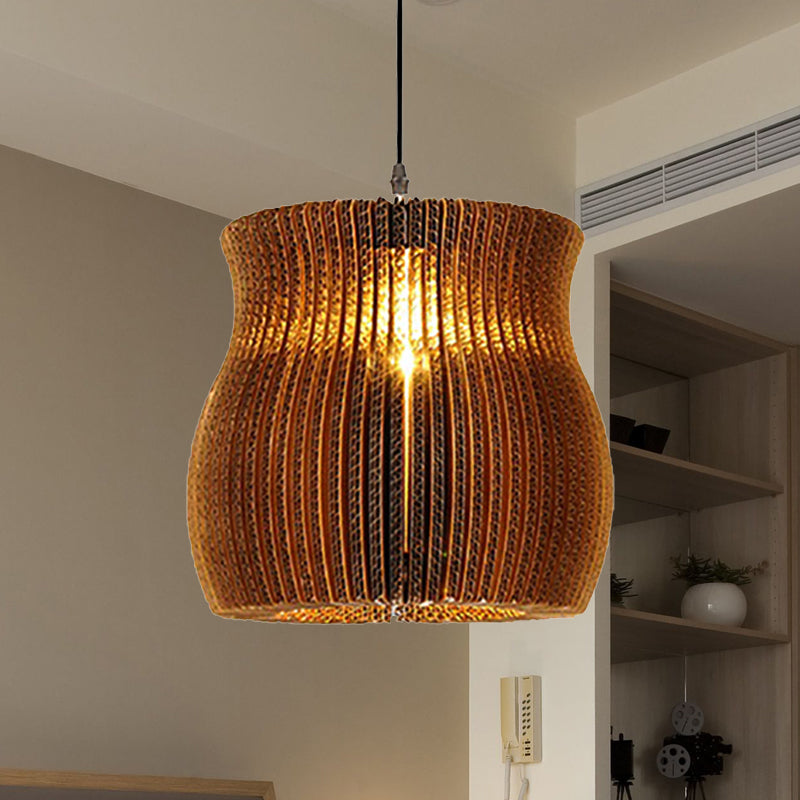 1 Light Hanging Lamp with Cylinder/Oval Shade Corrugated Paper Asian Stylish Restaurant Pendant Light Fixture in Brown Clearhalo 'Ceiling Lights' 'Modern Pendants' 'Modern' 'Pendant Lights' 'Pendants' Lighting' 235468