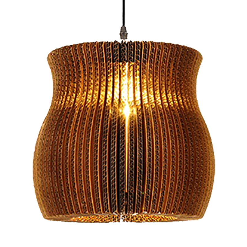 1 Light Hanging Lamp with Cylinder/Oval Shade Corrugated Paper Asian Stylish Restaurant Pendant Light Fixture in Brown Clearhalo 'Ceiling Lights' 'Modern Pendants' 'Modern' 'Pendant Lights' 'Pendants' Lighting' 235469