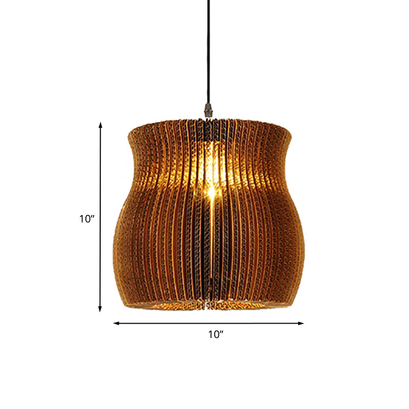 1 Light Hanging Lamp with Cylinder/Oval Shade Corrugated Paper Asian Stylish Restaurant Pendant Light Fixture in Brown Clearhalo 'Ceiling Lights' 'Modern Pendants' 'Modern' 'Pendant Lights' 'Pendants' Lighting' 235470