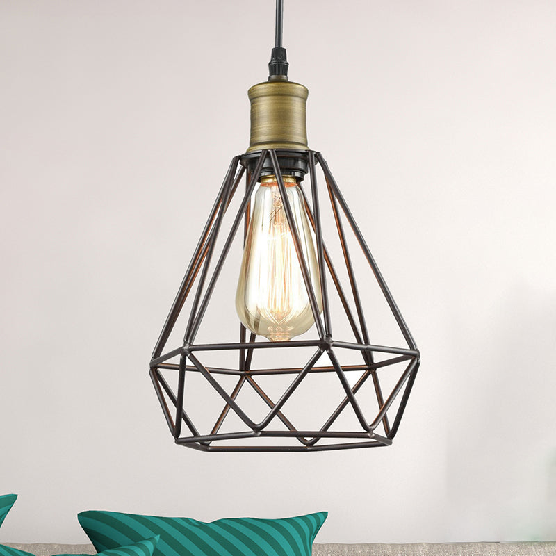 Retro Diamond Cage Pendant Light 1 Bulb Iron Hanging Lamp in Brass/Antique Brass for Living Room Antique Brass Clearhalo 'Art Deco Pendants' 'Cast Iron' 'Ceiling Lights' 'Ceramic' 'Crystal' 'Industrial Pendants' 'Industrial' 'Metal' 'Middle Century Pendants' 'Pendant Lights' 'Pendants' 'Tiffany' Lighting' 235471