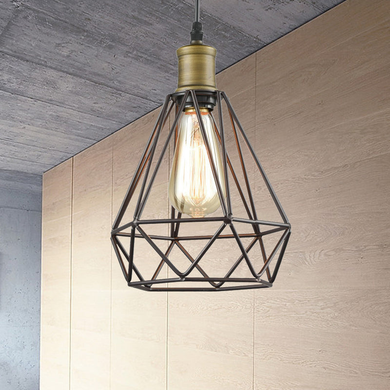 Retro Diamond Cage Pendant Light 1 Bulb Iron Hanging Lamp in Brass/Antique Brass for Living Room Clearhalo 'Art Deco Pendants' 'Cast Iron' 'Ceiling Lights' 'Ceramic' 'Crystal' 'Industrial Pendants' 'Industrial' 'Metal' 'Middle Century Pendants' 'Pendant Lights' 'Pendants' 'Tiffany' Lighting' 235472