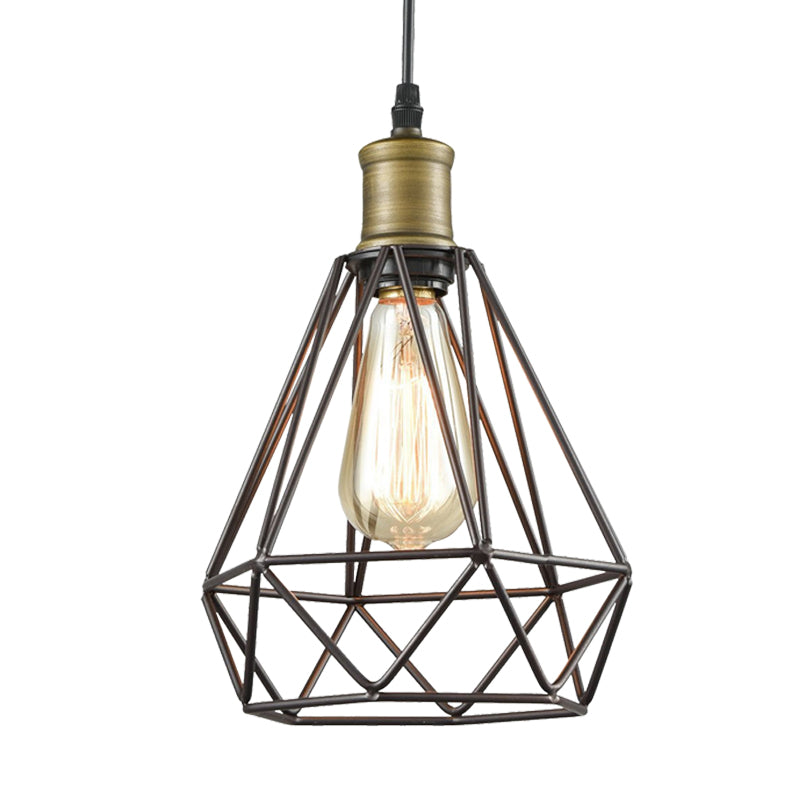 Retro Diamond Cage Pendant Light 1 Bulb Iron Hanging Lamp in Brass/Antique Brass for Living Room Clearhalo 'Art Deco Pendants' 'Cast Iron' 'Ceiling Lights' 'Ceramic' 'Crystal' 'Industrial Pendants' 'Industrial' 'Metal' 'Middle Century Pendants' 'Pendant Lights' 'Pendants' 'Tiffany' Lighting' 235473