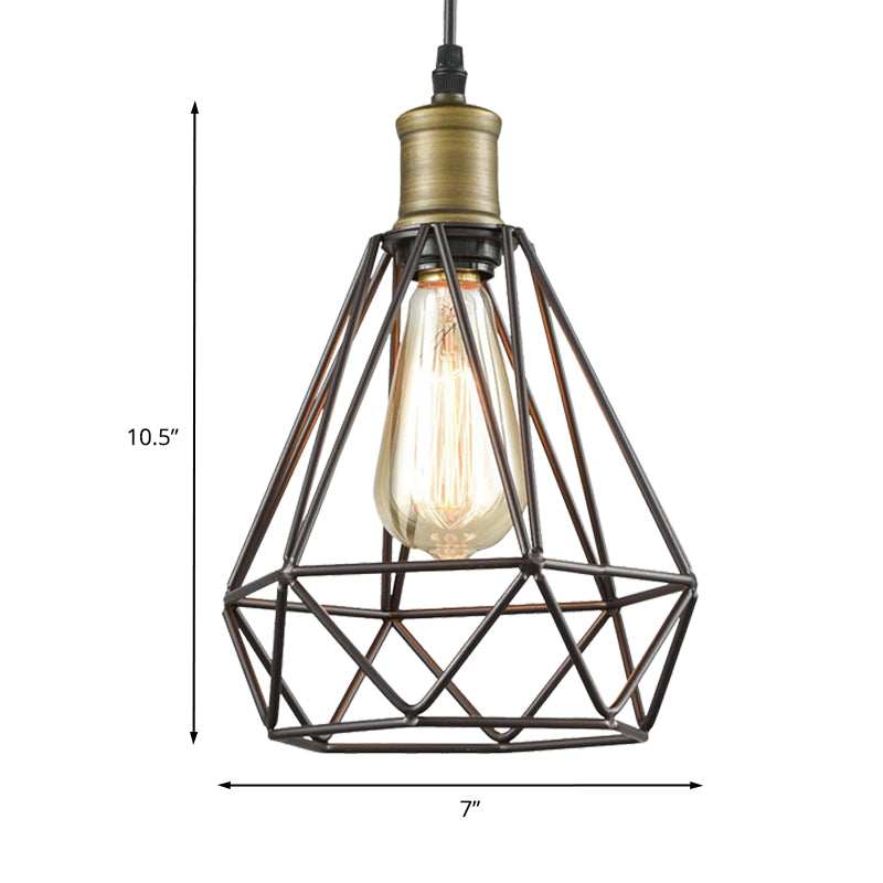 Retro Diamond Cage Pendant Light 1 Bulb Iron Hanging Lamp in Brass/Antique Brass for Living Room Clearhalo 'Art Deco Pendants' 'Cast Iron' 'Ceiling Lights' 'Ceramic' 'Crystal' 'Industrial Pendants' 'Industrial' 'Metal' 'Middle Century Pendants' 'Pendant Lights' 'Pendants' 'Tiffany' Lighting' 235474