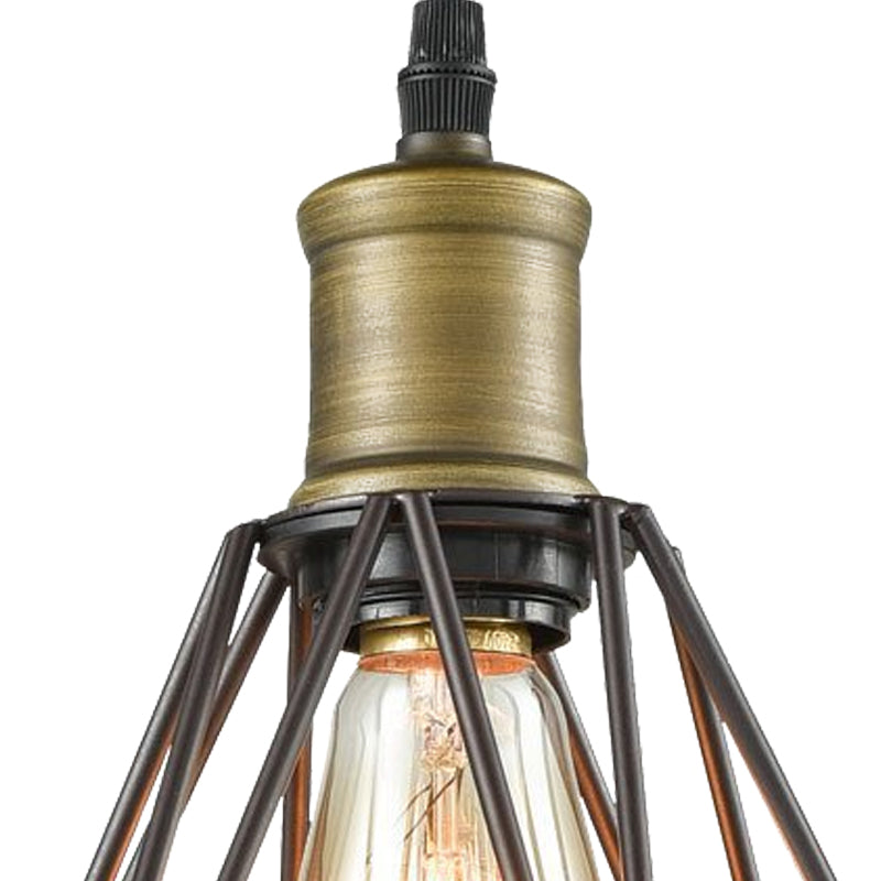 Retro Diamond Cage Pendant Light 1 Bulb Iron Hanging Lamp in Brass/Antique Brass for Living Room Clearhalo 'Art Deco Pendants' 'Cast Iron' 'Ceiling Lights' 'Ceramic' 'Crystal' 'Industrial Pendants' 'Industrial' 'Metal' 'Middle Century Pendants' 'Pendant Lights' 'Pendants' 'Tiffany' Lighting' 235475
