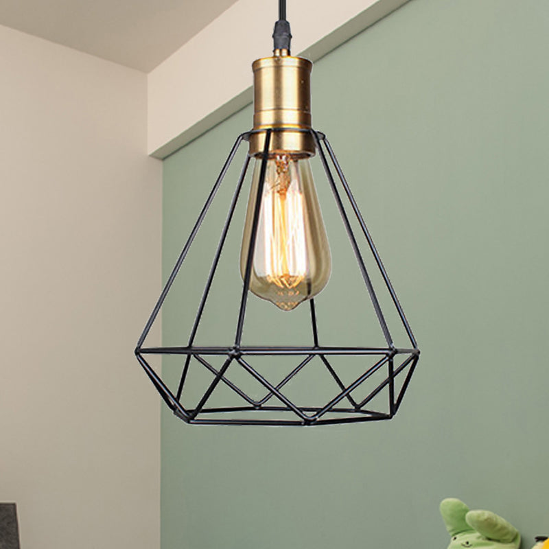 Retro Diamond Cage Pendant Light 1 Bulb Iron Hanging Lamp in Brass/Antique Brass for Living Room Brass Clearhalo 'Art Deco Pendants' 'Cast Iron' 'Ceiling Lights' 'Ceramic' 'Crystal' 'Industrial Pendants' 'Industrial' 'Metal' 'Middle Century Pendants' 'Pendant Lights' 'Pendants' 'Tiffany' Lighting' 235476