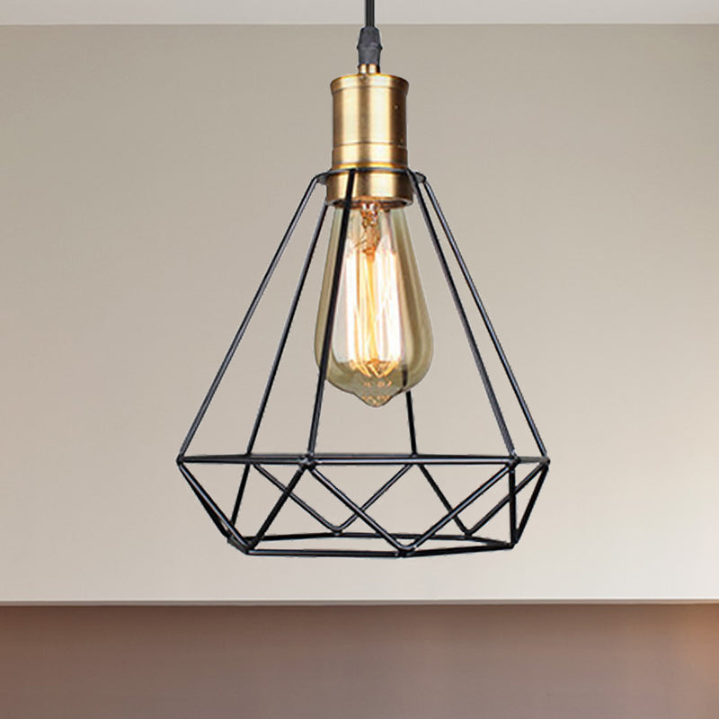 Retro Diamond Cage Pendant Light 1 Bulb Iron Hanging Lamp in Brass/Antique Brass for Living Room Clearhalo 'Art Deco Pendants' 'Cast Iron' 'Ceiling Lights' 'Ceramic' 'Crystal' 'Industrial Pendants' 'Industrial' 'Metal' 'Middle Century Pendants' 'Pendant Lights' 'Pendants' 'Tiffany' Lighting' 235477