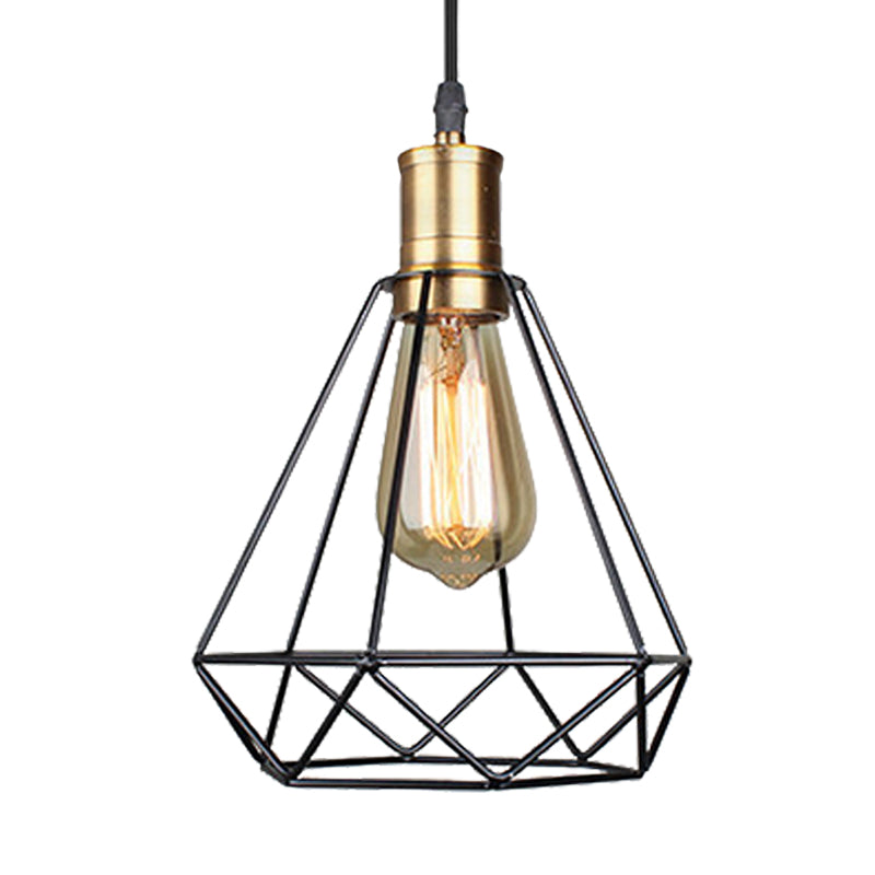 Retro Diamond Cage Pendant Light 1 Bulb Iron Hanging Lamp in Brass/Antique Brass for Living Room Clearhalo 'Art Deco Pendants' 'Cast Iron' 'Ceiling Lights' 'Ceramic' 'Crystal' 'Industrial Pendants' 'Industrial' 'Metal' 'Middle Century Pendants' 'Pendant Lights' 'Pendants' 'Tiffany' Lighting' 235478